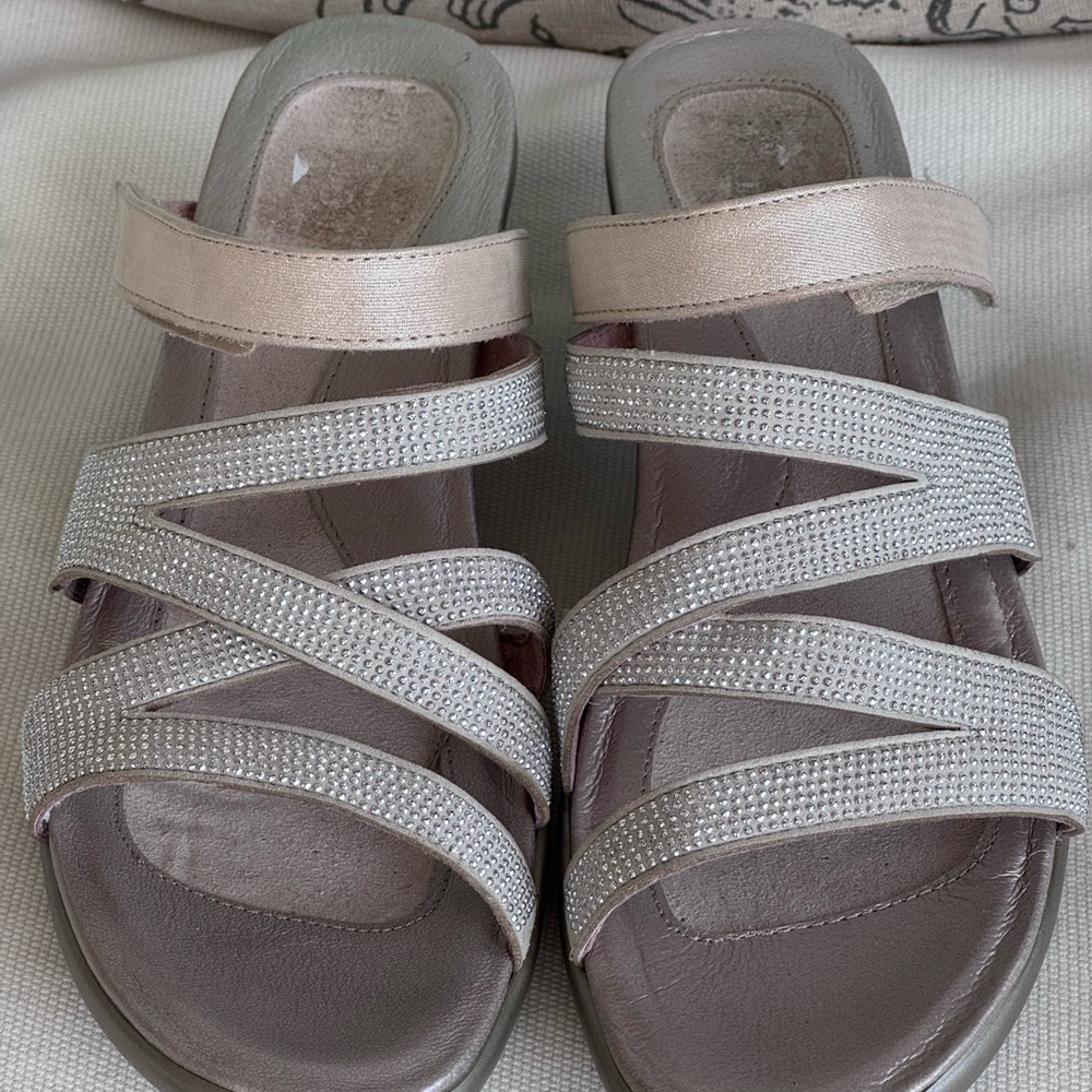 Cream and Silver Strappy Sandals with Rhinestone Embellishments